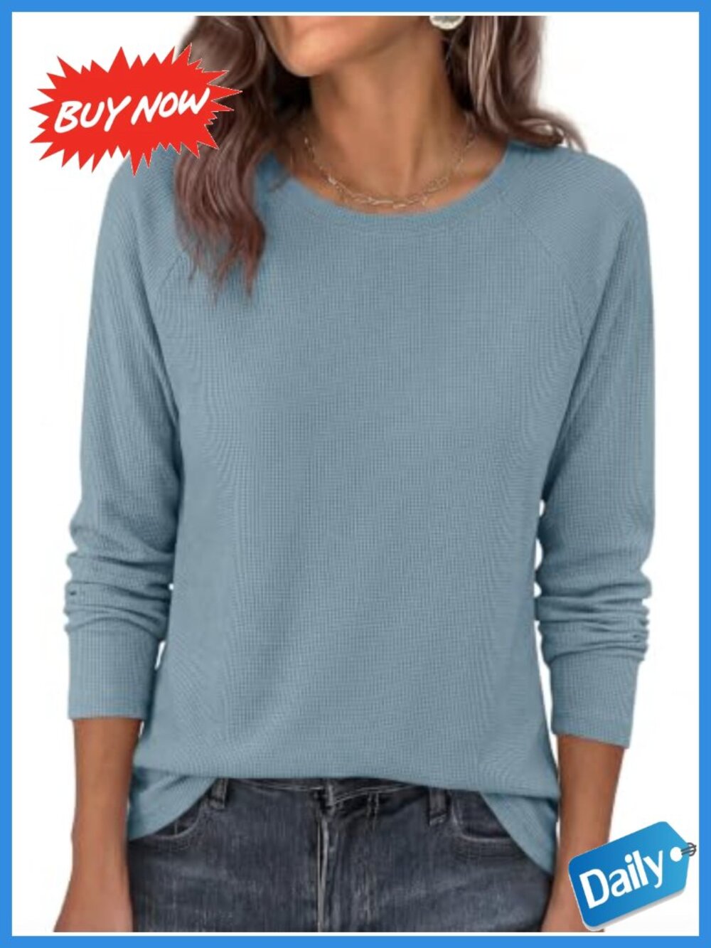Waffle Knit Long Sleeve Crewneck Tunic Top Lightweight Fall Shirt